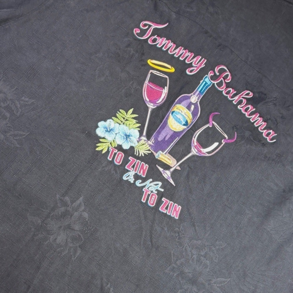 Tommy Bahama Shirt Mens XXL Black To Zin Or Not To Zin Silk Floral Jacquard Camp